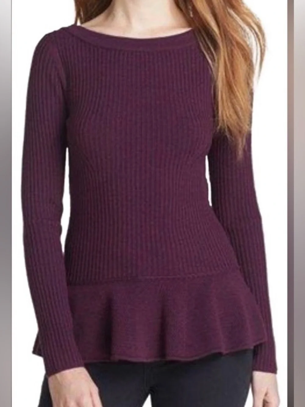Tory Burch Ramona Peplum 100% Merino Wool Ribbed Sweater - Plum / Burgundy